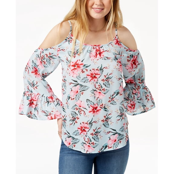 7 Sisters Juniors Printed Bell Sleeved Cold Shoulder Blouse Light Blue Floral XS