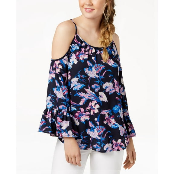 7 Sisters Juniors' Printed Bell-Sleeved Cold-Shoulder Blouse (Navy Floral, XL)