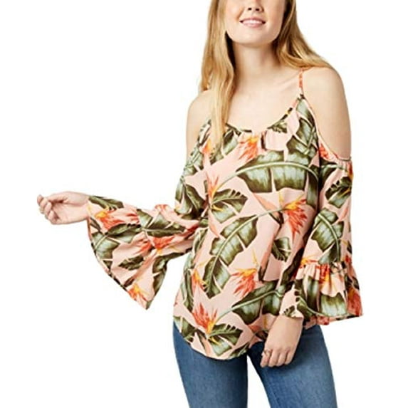Juniors' Printed Bell-Sleeved Cold-Shoulder Blouse Peach Floral S