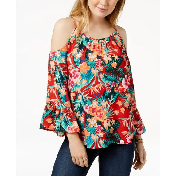 7 Sisters Juniors' Printed Bell-Sleeved Cold-Shoulder Blouse (Red Floral, XS)