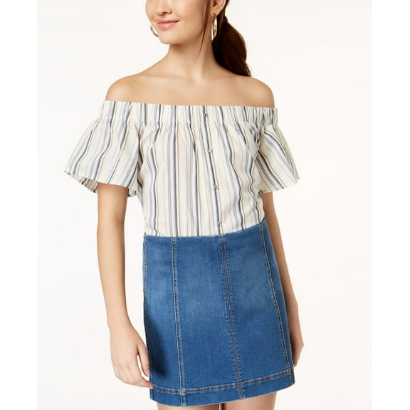 7 Sisters Juniors' Striped Off-The-Shoulder Top (Blue and Gold Stripe, XL)