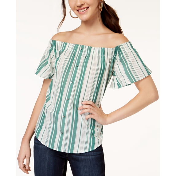 7 Sisters Juniors Striped Off The Shoulder Top Green Stripe M