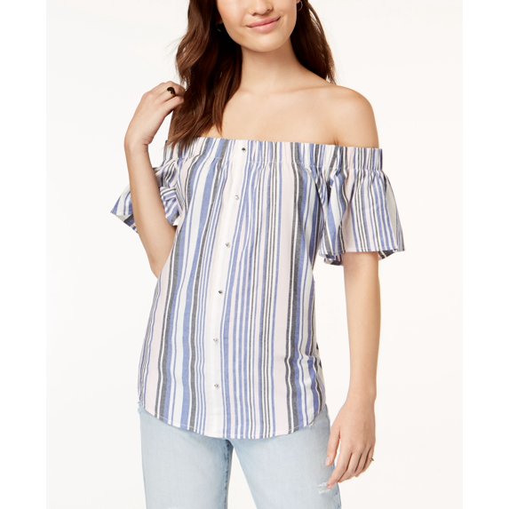 7 Sisters Juniors' Striped Off-The-Shoulder Top (Pink and Blue Stripe, S)