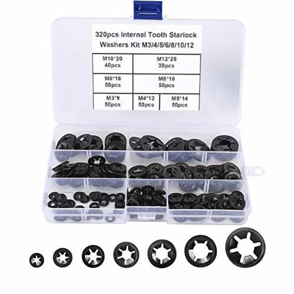 7 Sizes 320PCS Internal Tooth Starlock Washers,Quick Speed Locking Washers, Push On Retainers Clips,Push On Nut Fasteners Assortment Kit for Shaft and Stud,65Mn Spring Steel,Black Oxide Finish