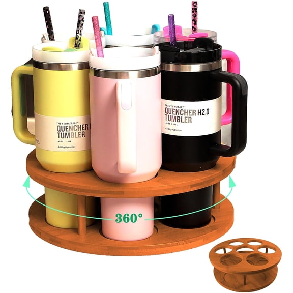 7-Slot Rotating Water Bottle Organizer for Stanley 40 oz Tumbler, Bamboo Cup Holder Rack for Owala, Yeti, Thermos 360 Spinning Storage for Kitchen Counter & Cabinet, Dark Brown