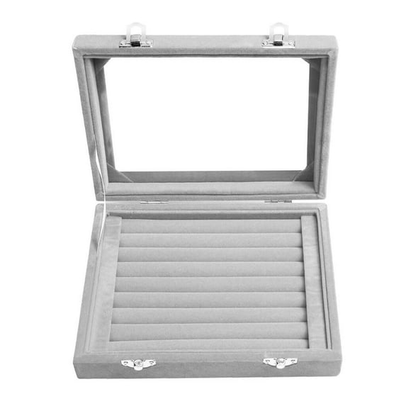 7 Slot Velvet Jewelry Rings Display Tray | Earring Storage Organizer | Glass Lid Jewelry Box | Wood/Velvet Construction | Clear Display Case | Countertop or Home Use | 20cm x 15cm x 5cm