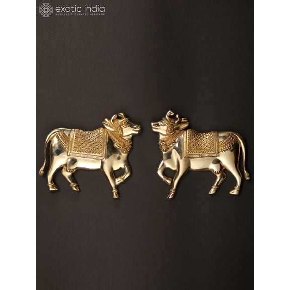 7" Small Pair of Kamadhenu Cow Idol | Brass Wall Decor | Prosperity Symbol