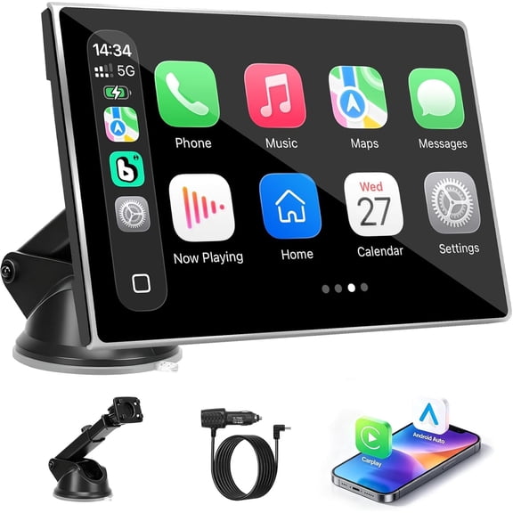 7" Smart Car Display for Car (Silver), Portable Wireless CarPlay & Android Auto Screen with HD Touchscreen Car Stereo Upgrade, Bluetooth, Voice Control, GPS Navigation, Mirror Link, FM Transmitter