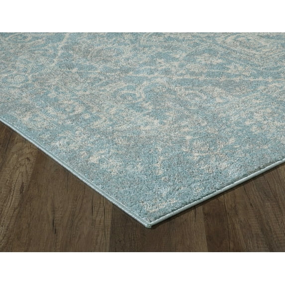 7' Spa Blue Machine Woven Distressed Medallion Indoor Runner Rug