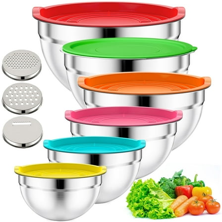 TINANA Stainless Steel Mixing Bowls with Lids, 6PCS Nesting Bowl Set 4.5/4/2.5/2/1.5/0.75QT, Airtight Lids, Built-In Grater, Dishwasher Safe