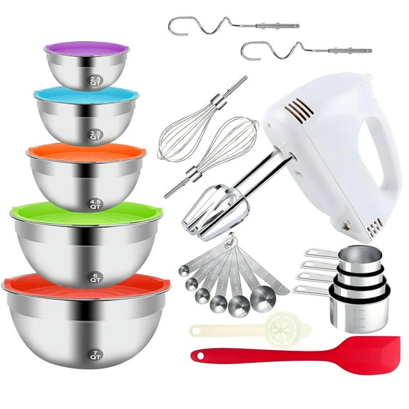 7-Speed Electric Hand Mixer,5 Large Mixing Bowls Set,Handheld Mixers with Whisks Beater,Stainless Steel Metal Nesting Bowl Measuring Cups Spoons Kitchen Cake Blender for Prep Baking Supplies