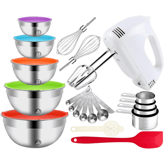 7-Speed Electric Hand Mixer,5 Large Mixing Bowls Set,Handheld Mixers with Whisks Beater,Stainless Steel Metal Nesting Bowl Measuring Cups Spoons Kitchen Cake Blender for Prep Baking Supplies