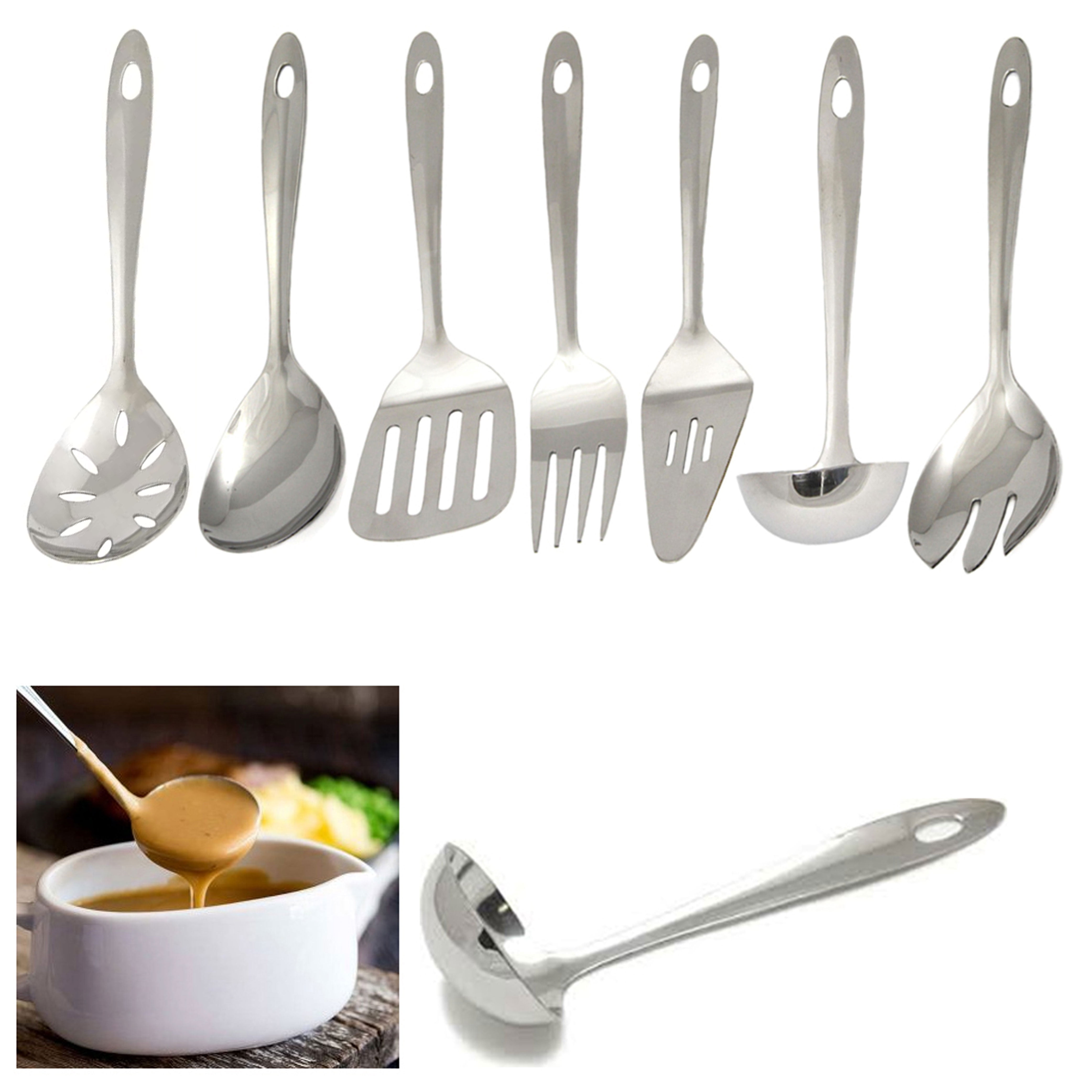 SS Steel Serving Tools for Kitchen Serving Spoons Set of 6 Different Pcs US