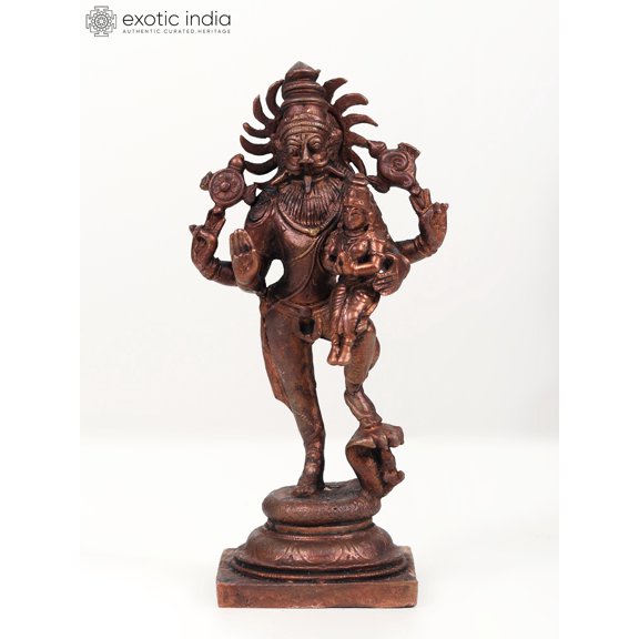 7" Standing Lord Narasimha Idol with Devi Lakshmi | Copper Statue