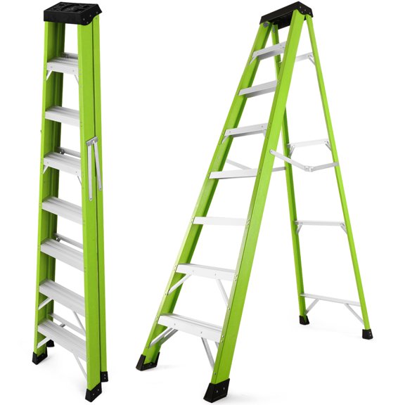 7-Step Fiberglass Step Ladder 330 Lbs Load Capacity with Tool Tray Green
