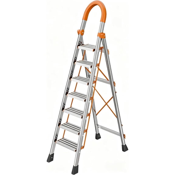 7 Step Folding Ladder, Portable Sturdy Steel Ladder, Heavy-Duty Step Stool with Anti-Slip Pedal and Handrails for Home & Kitchen Use