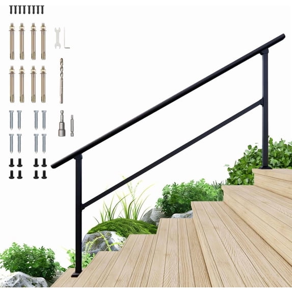 7 Step Handrail for Outdoor,Powder Coated Iron Stair Railing,Black Hand ...