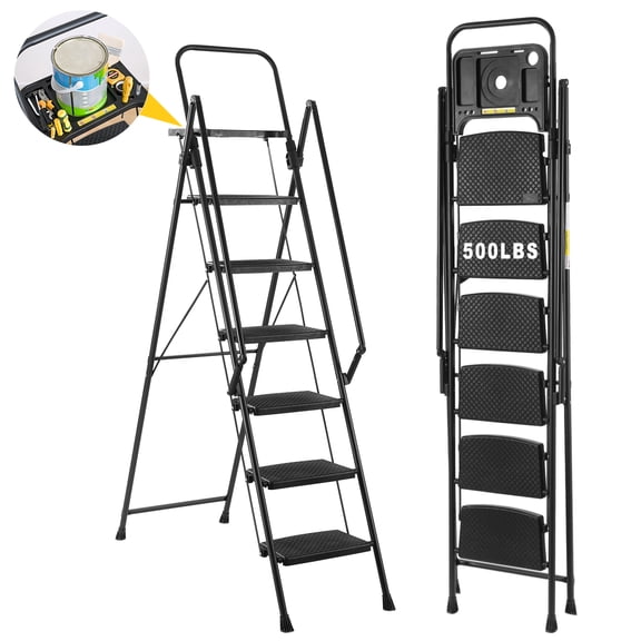 6 Step Ladder with Handrails, Holaki Folding Step Stool with Widened Anti-Slip Pedal, 500lbs Lightweight Step Ladder 6 Step Folding, Multi-Use for Home Kitchen Pantry Office, Black