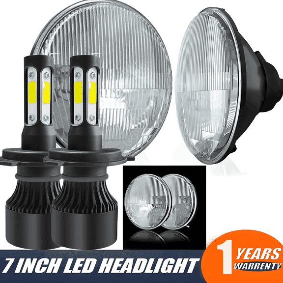 7" Stock Glass Lens Metal Headlight 12-Volt 6k LED H4 Light Bulb Headlamp Pair