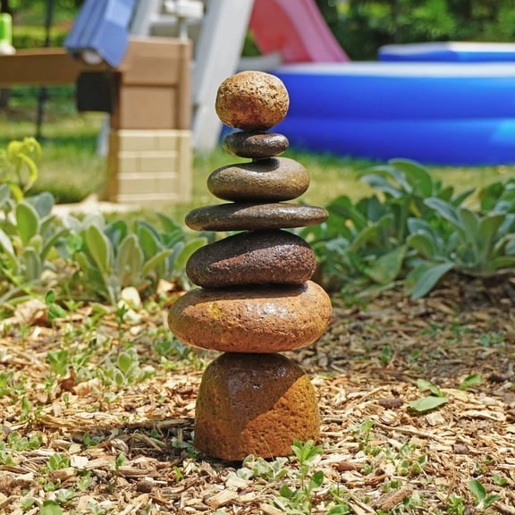 Happy Gardens 7-Stone Cairn Garden Statue, Handcrafted River Stone Outdoor Garden Decor for Patios, Lawns and Pathways