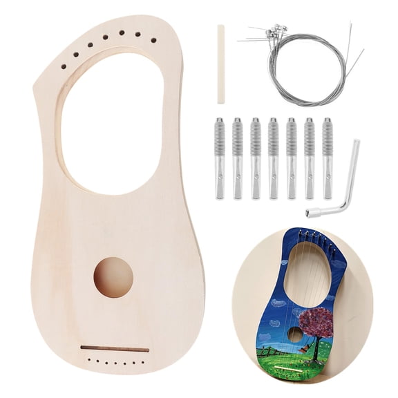 7 String Lyre Harp DIY Kit, Basswood Body with Tuning Post Saddle Strings
