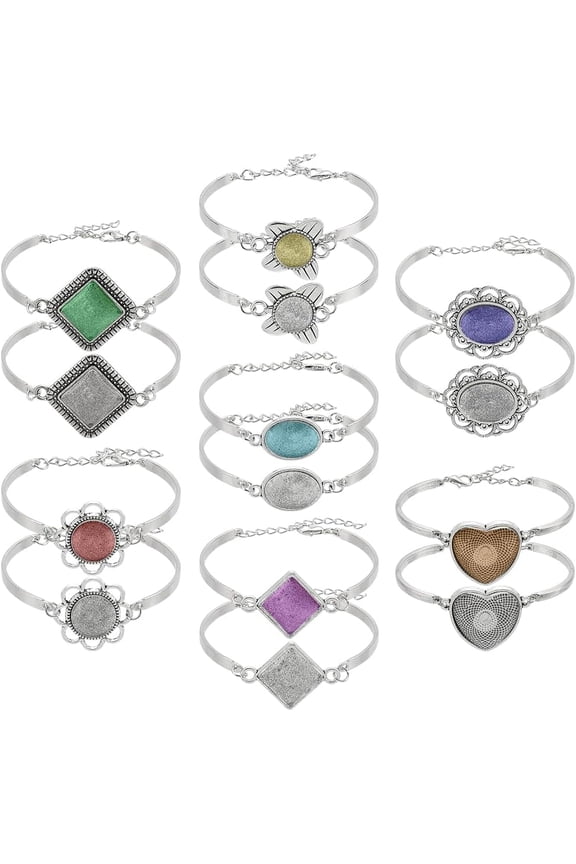7 Styles 14Pcs Bracelet Bezel Settings Blank Dome Bracelet Blank Adjustable Bracelets with Glass Cabochons Silver Bezel Tray Blank Bangles Bracelets