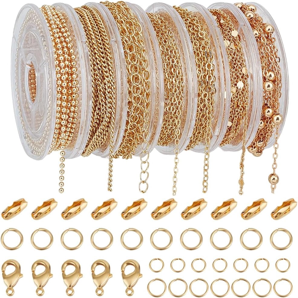 7 Styles 18K Gold Necklace Chains for Jewelry Making DIY Bracelet Chain Making Kits with 4/5/6mm Jump Rings Lobster Clasps Connectors for Necklace Making Accessories DIY Making