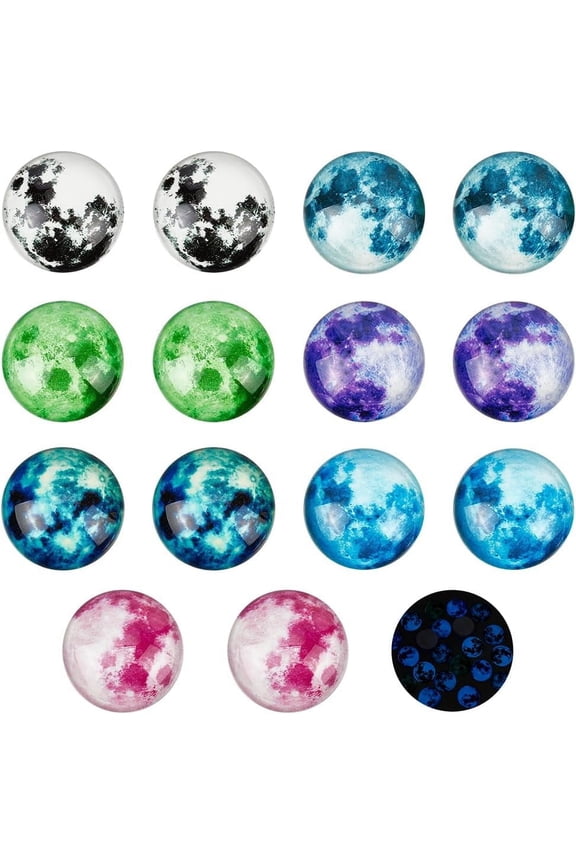7 Styles 25mm Lunar Moon Glow in The Dark Glass Cabochons 14pcs Half Round Flat Back Dome Cabochons Luminous Glass Cabochons Dome Tile for Photo Cameo Pendant Bezel Craft Jewelry Making