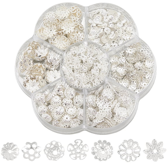 7 Styles 800PCS Silver Flower Bead Caps with Hole Iron Assorted Hollow Multi Petal Metal Finding Ends Loose Spacer Beads Cap Bulk