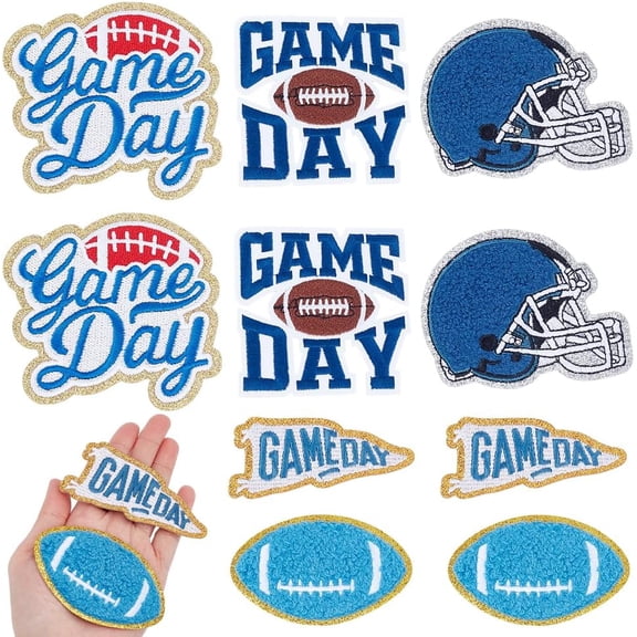 7 Styles Game Day Iron-On Patches Embroidered Football Rugby Helmet Fabric Patch Delicate Applique for Heat Press with Gold Edges DIY Decorative Patch for Backpack Jean Jacket T-Shirt Blue Blue
