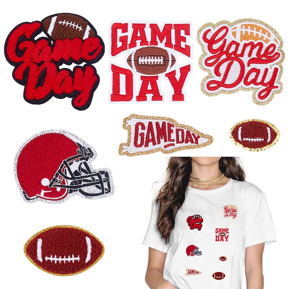 7 Styles Game Day Iron-On Patches Embroidered Football Rugby Helmet Fabric Patch Delicate Applique for Heat Press with Gold Edges DIY Decorative