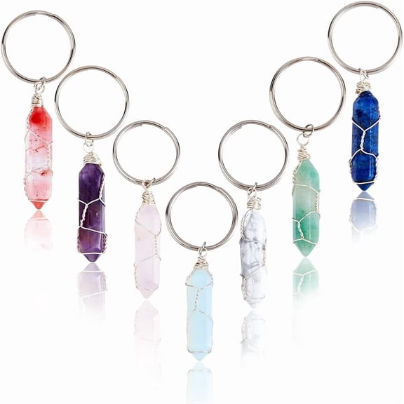 7 Styles Gemstone Bullet Keychain Wire Wrapped Natural Stone Keyring Quartz Crystal Keychain Natural Amethyst Keyring with Iron Split Key Rings for Women DIY
