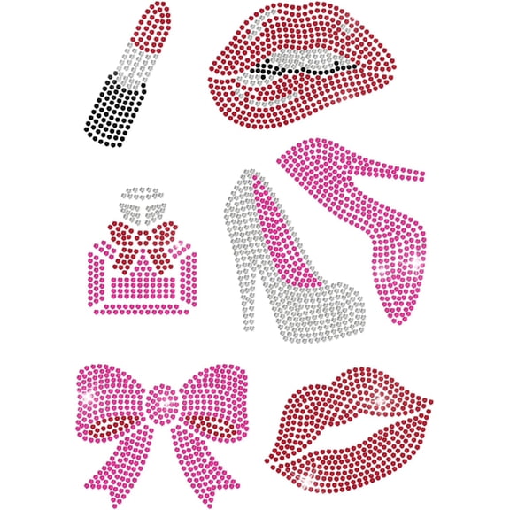 7 Styles Lipstick High Heels Lips Rhinestone Iron on Hotfix Transfer Red Lips Perfume Bottle Heat Transfer Bling Patch Iron on Decal for Fashion Women's T-Shirt Bag Pant for making