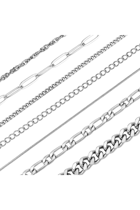7 Styles Necklace Chains Set 21 FT 304 Stainless Steel Rope/Paperclip/Twist Link/Cuban Link/Snake Chain Metal Chains Set for Necelace Jewellery DIY Statement Necklace for Men Women