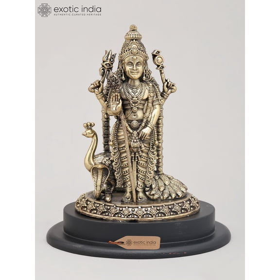 7" Superfine Four Armed Lord Murugan Standing with Vel on Wood Base | Brass Idol