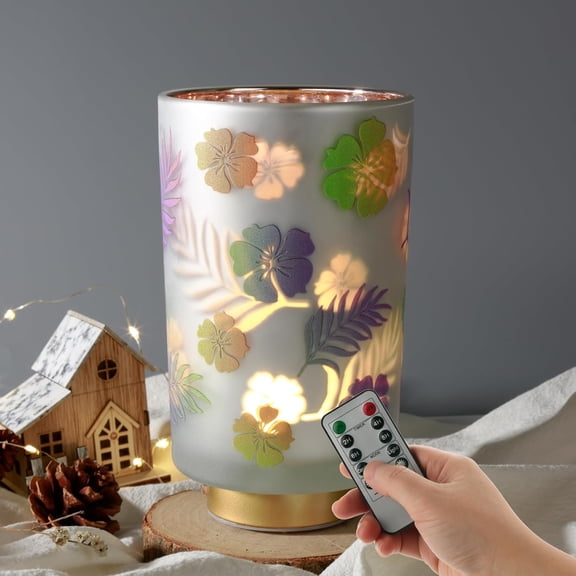7" Tall Battery Operated Table Lamp, Floral Glass Lamp with Remote Timer, Cordless Accent Lamp Lights for Bedroom Living Room Kitchen