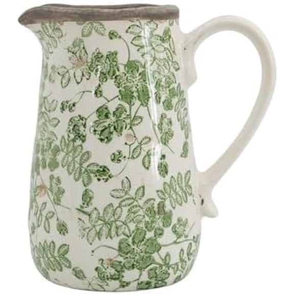 7 Tall White Ceramic Pitcher with Elegant Green Floral Motif Decorative Flower Vase Farmhouse Home Decor Stylish Utensil Holder$$Home Decor, Kitchen, & Other