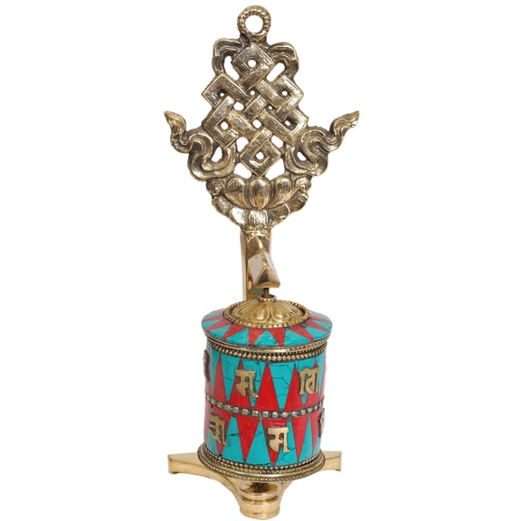 7" Tibetan Buddhist Prayer Wheel with Eternity Knot (Ashtamangala) in Brass