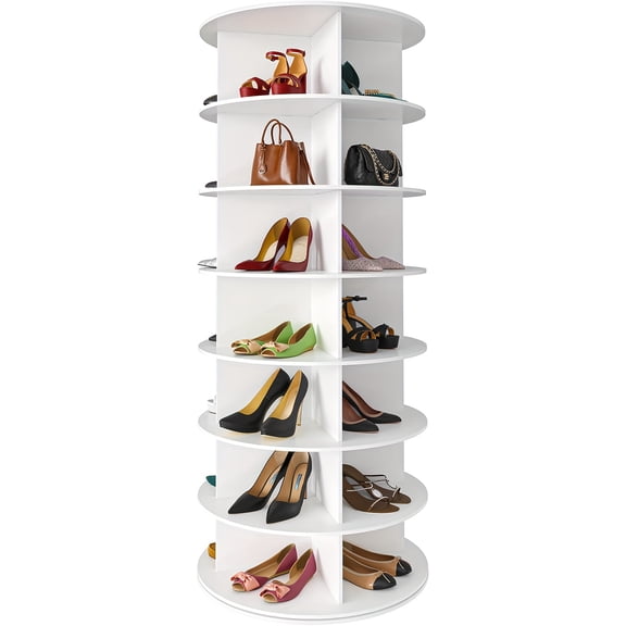 7-Tier 360 Rotating Shoe Organizer Tower, Vertical Carousel Storage for Shoes & Handbags. White.