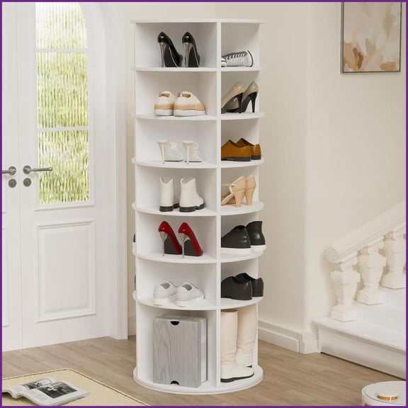 7-Tier 360° Rotating Shoe Rack, Free Standing 28-Pair Organizer White | Modern | Primary Living Space