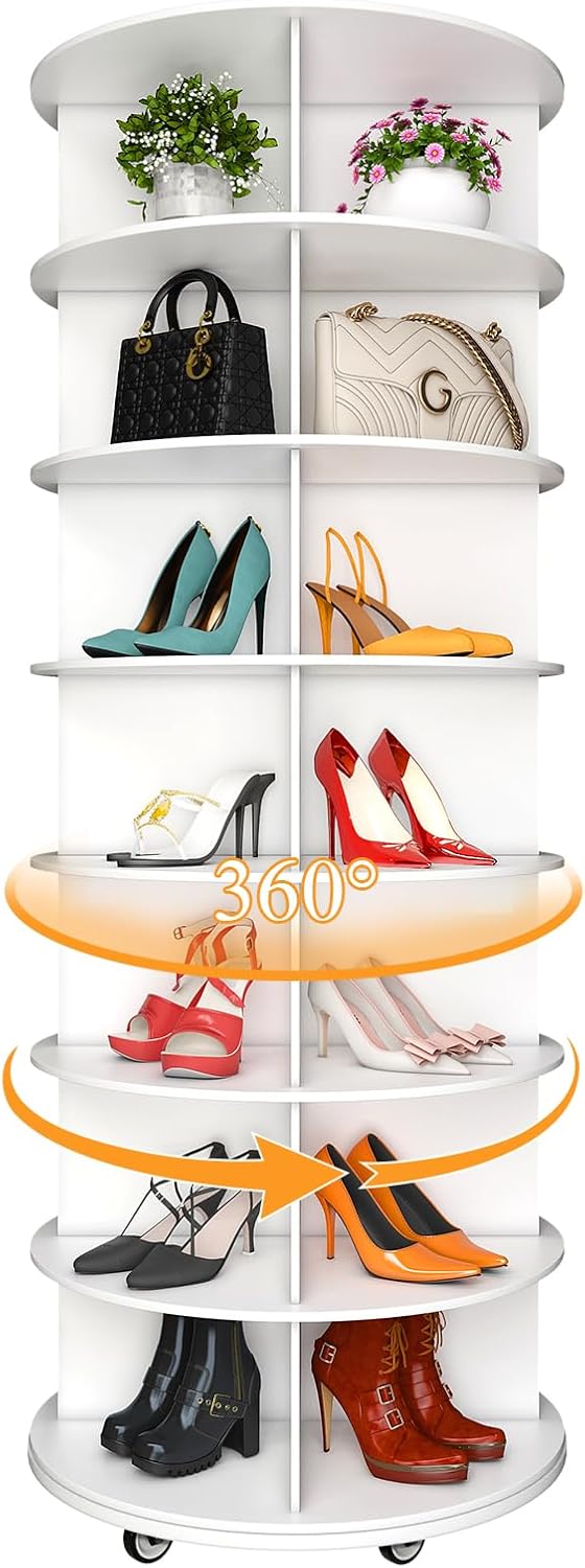 Shoe Rack Elevated 7-Tier 360° Rotating Shoe Rack Tower with Lockable Wheels & Elevated ...