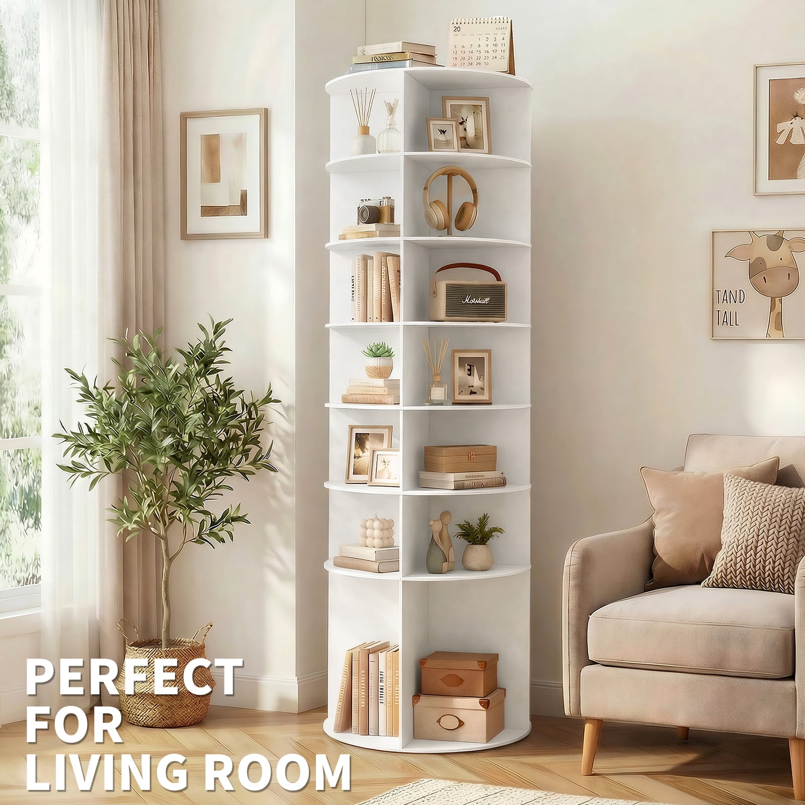 7-Tier, 360° Rotating Wood-plastic Composite Shoe Rack, 60*60*184cm, White
