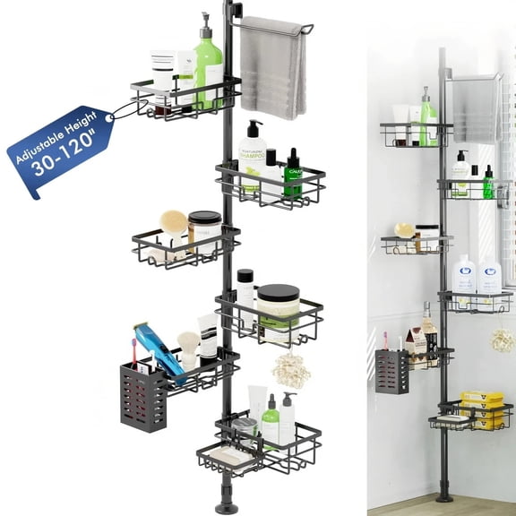 Beteliva 7-Tier Adjustable Shower Caddy Tension Pole, Rustproof Corner Shelf with Toothbrush Holder & Towel Rack, 30-120in, Black, Modern Bathroom Organizer