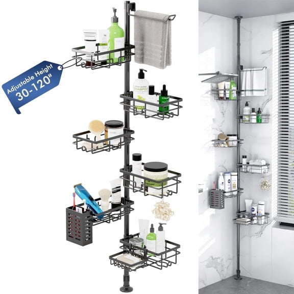 7-Tier Adjustable Shower Caddy Tension Pole, Rustproof Corner Shelf with Toothbrush Holder & Towel Rack, 30-120in, Black, Modern Bathroom Organizer