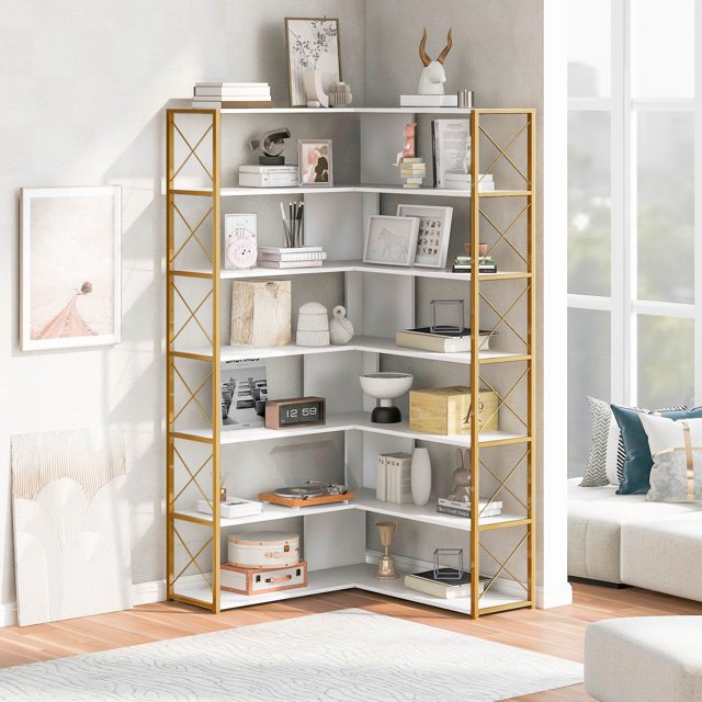 7Tier Bookcase, Corner LShaped Tall Book Shelf with Open Storage