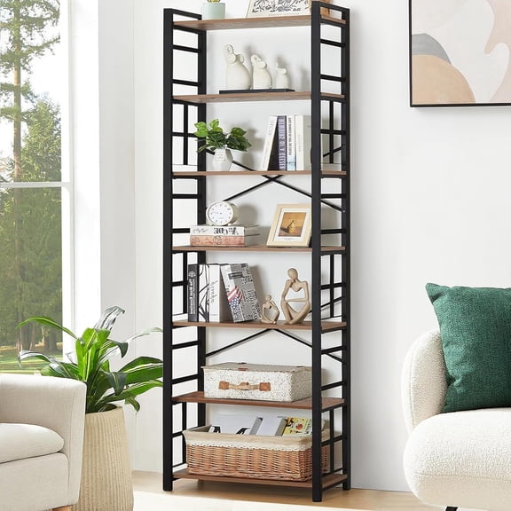 7 Tier Bookshelf 84 Inch Tall Industrial Bookcase With Metal Frame And Open Shelves Rustic Heavy Duty 7 Shelf  Office Book For Living Room Bedroom Brown
