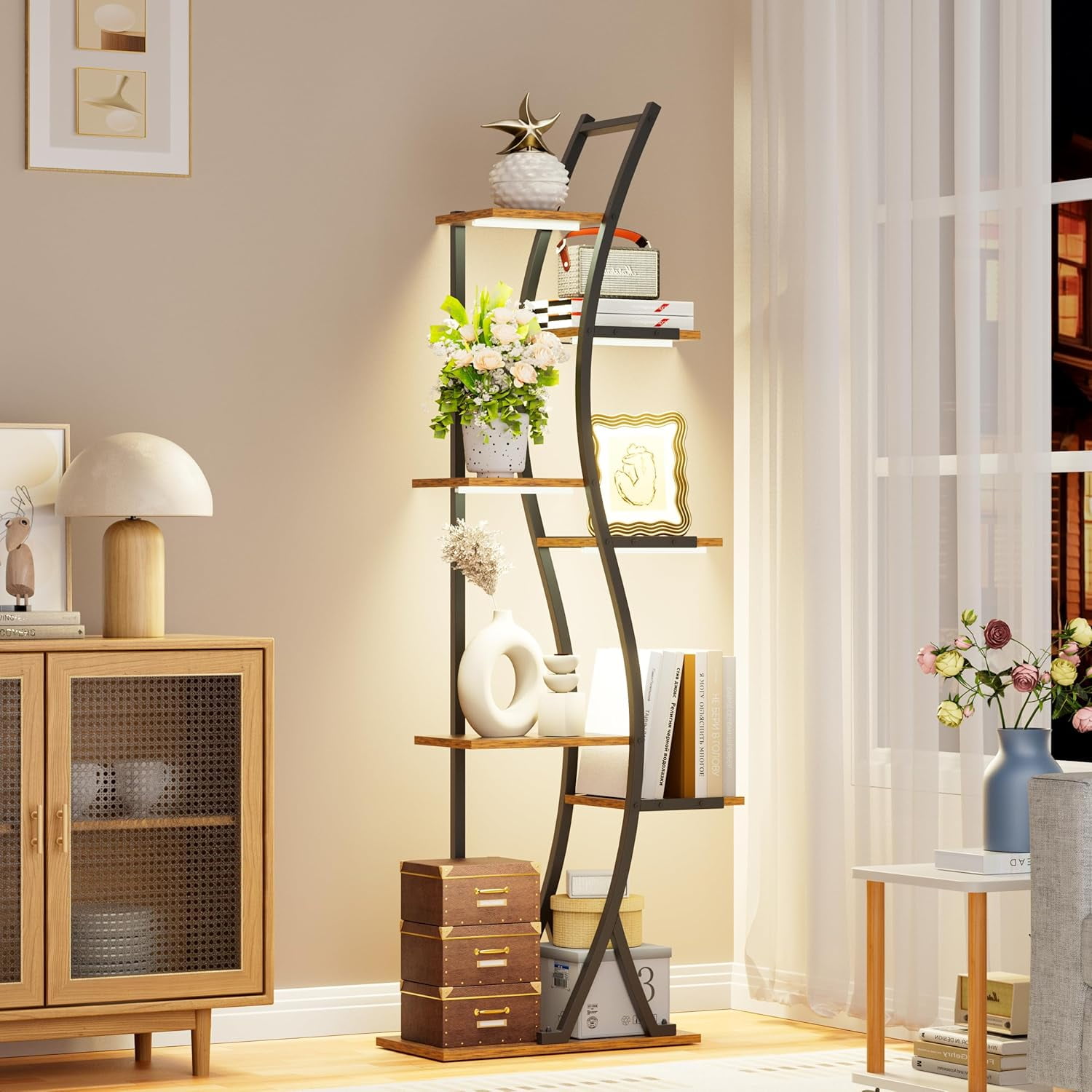 7 Tier Bookshelf with Lights, 63" Tall Standing Shelf Organizer, Narrow ...