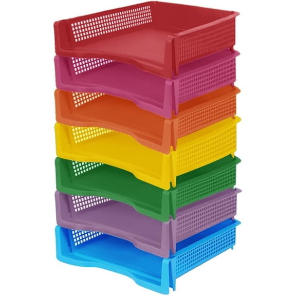 7 Tier Bright Colors Stackable Plastic Paper Trays for Classroom Desk Letter Organizer Tray Colorful Storage Baskets for Classroom, Office and Home Organization and Storage