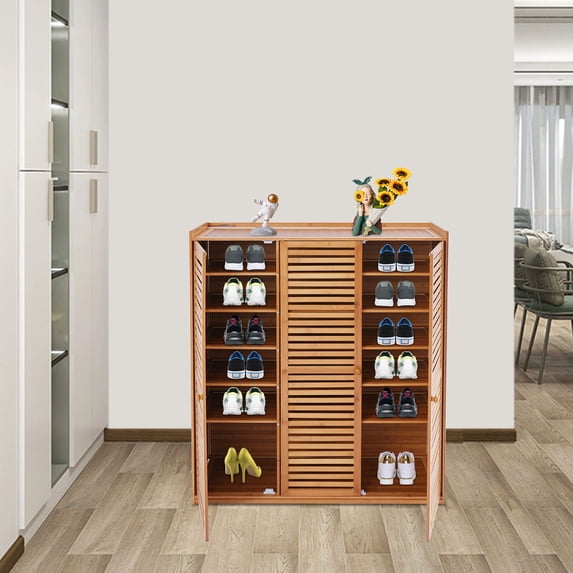 7-Tier Brown Entryway Bamboo Shoe Rack Organizer 3-Door Shoe Cabinet Density Board for Foyer, Entrance