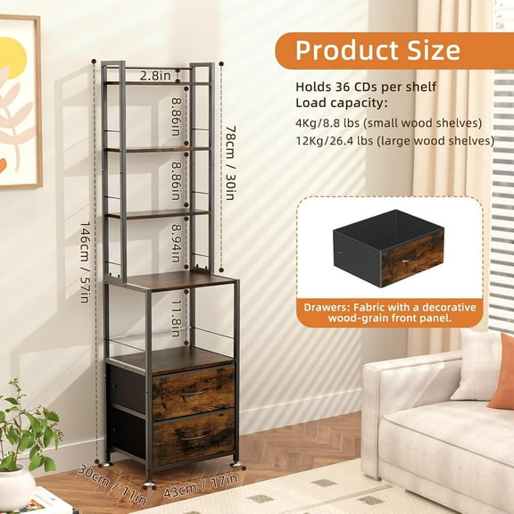 7-Tier CD Rack and Storage Tower with Two Fabric Drawers, Metal Frame Solid Wood Shelves for DVDs Books Media Games Home Office Decor